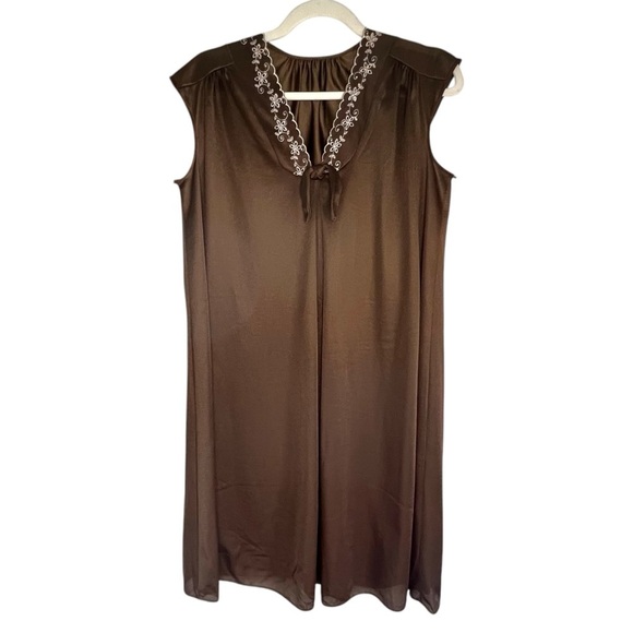 Vintage 70's Kayser Nightgown Slip Dress Eyelet Trimmed Brown Made in USA - Picture 1 of 7